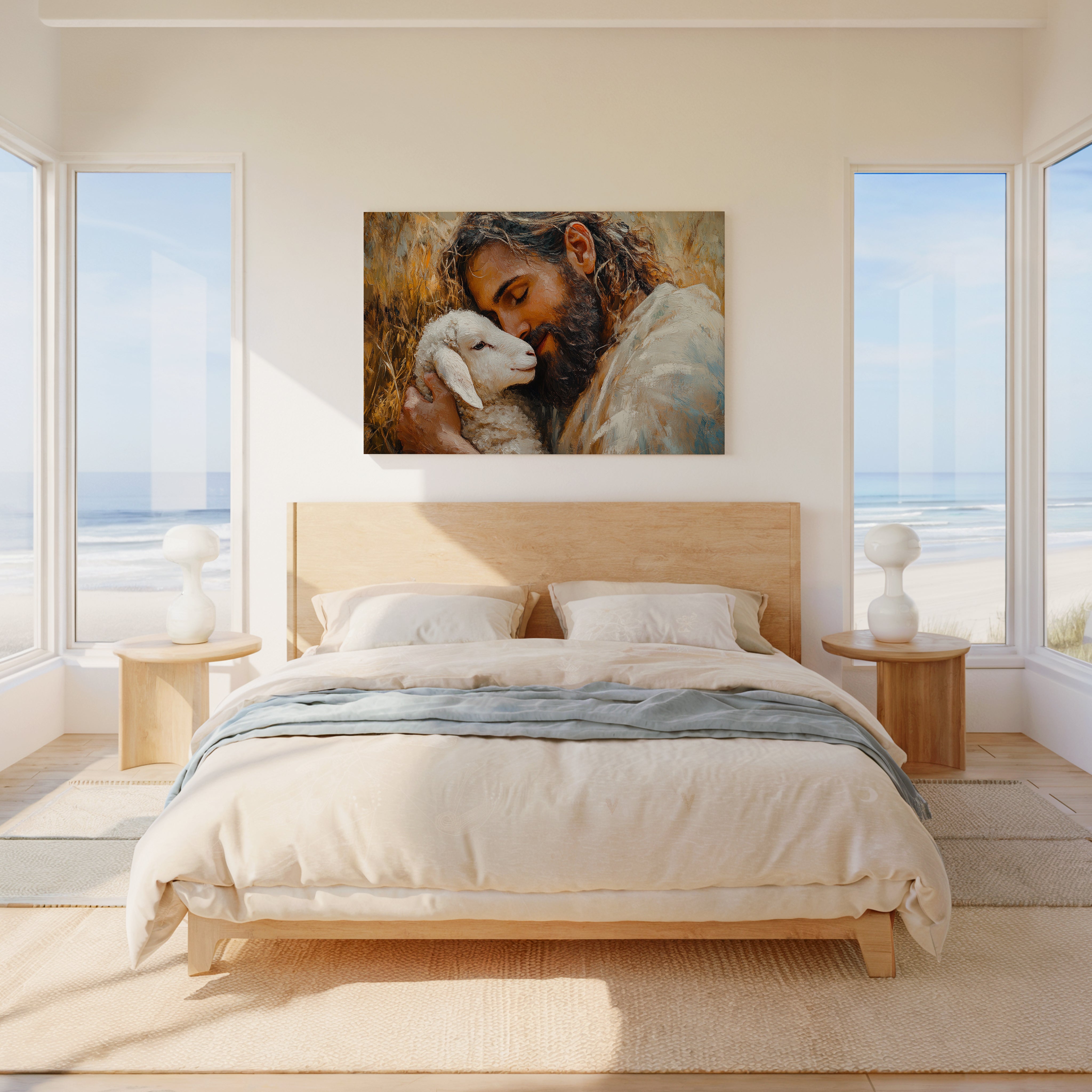 Obraz na stenu - Ježiš Kristus dobrý pastier zobrazený s jahniatkom v príjemnej spálni s výhľadom na pláž.