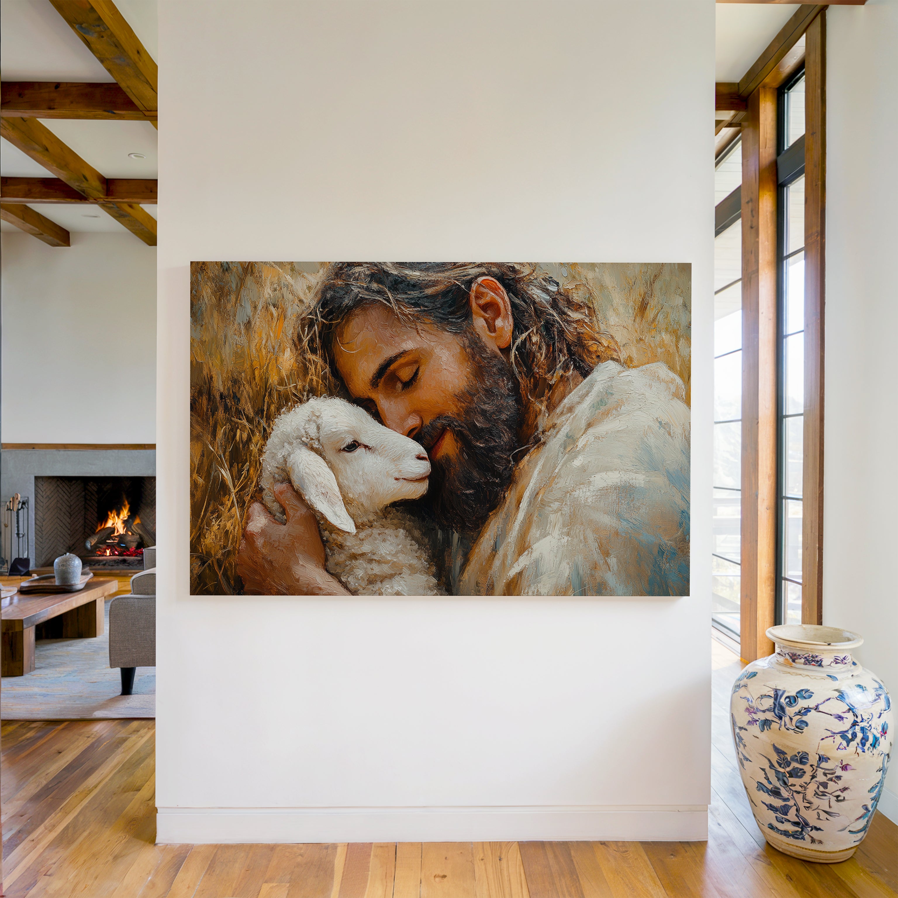 Obraz na stenu znázorňujúci Ježiša Krista ako dobrého pastiera s jahniatkom, symbolizujúci lásku a bezpečie.