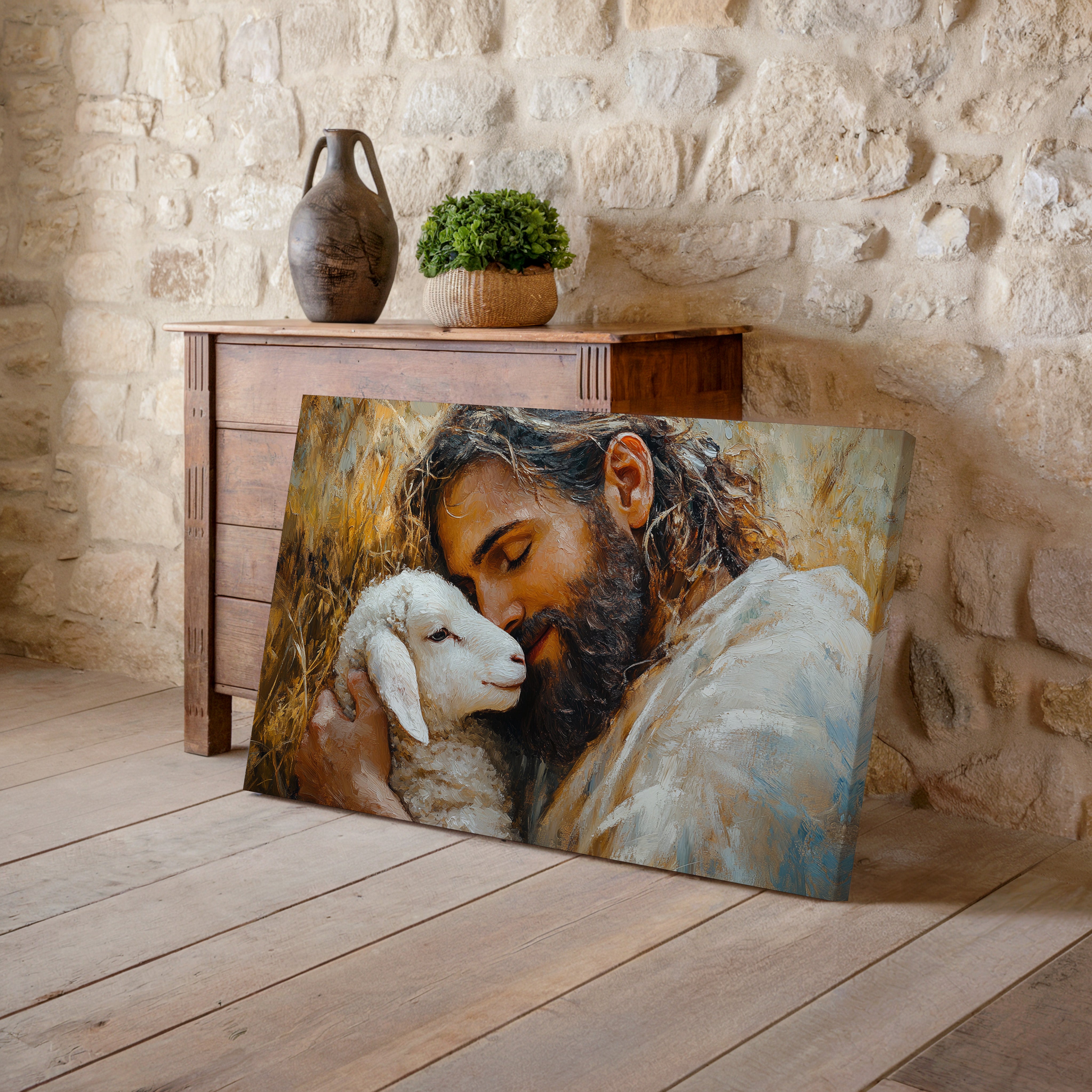 Obraz na stenu - Ježiš Kristus dobrý pastier zobrazuje jemný moment s jahniatkom, symbolizujúci lásku a dôveru.