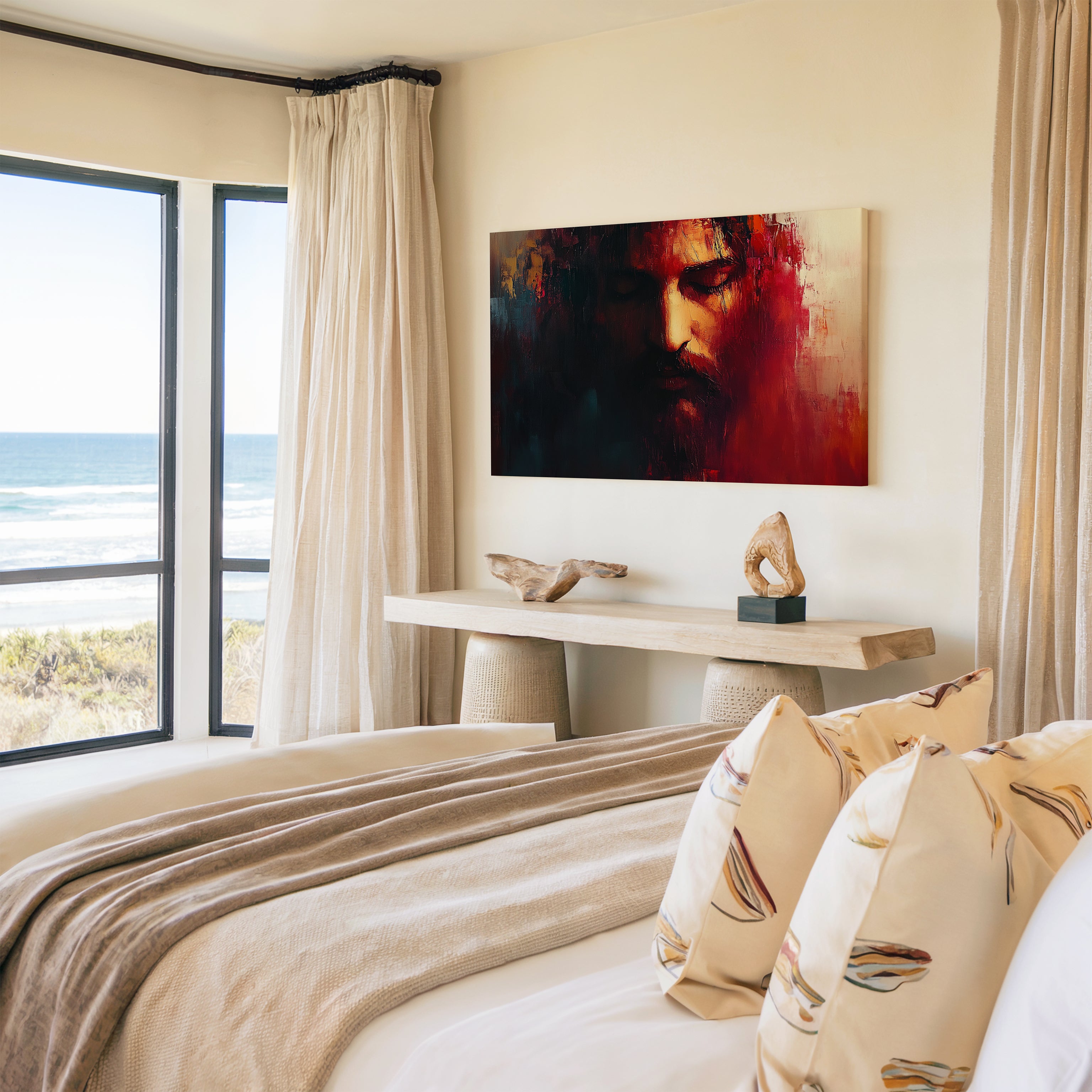 Obraz na stenu - Ježiš Kristus tvár ticha na stene moderného interiéru s výhľadom na more.