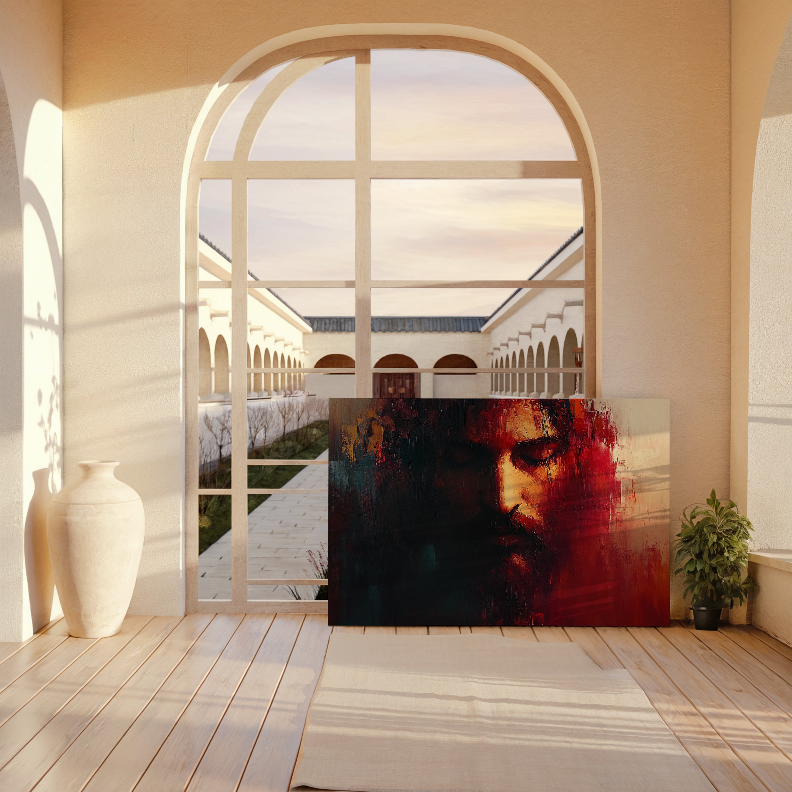 Obraz na stenu Ježiš Kristus tvár ticha vystavený v modernej miestnosti s veľkými oknami a prírodným svetlom.