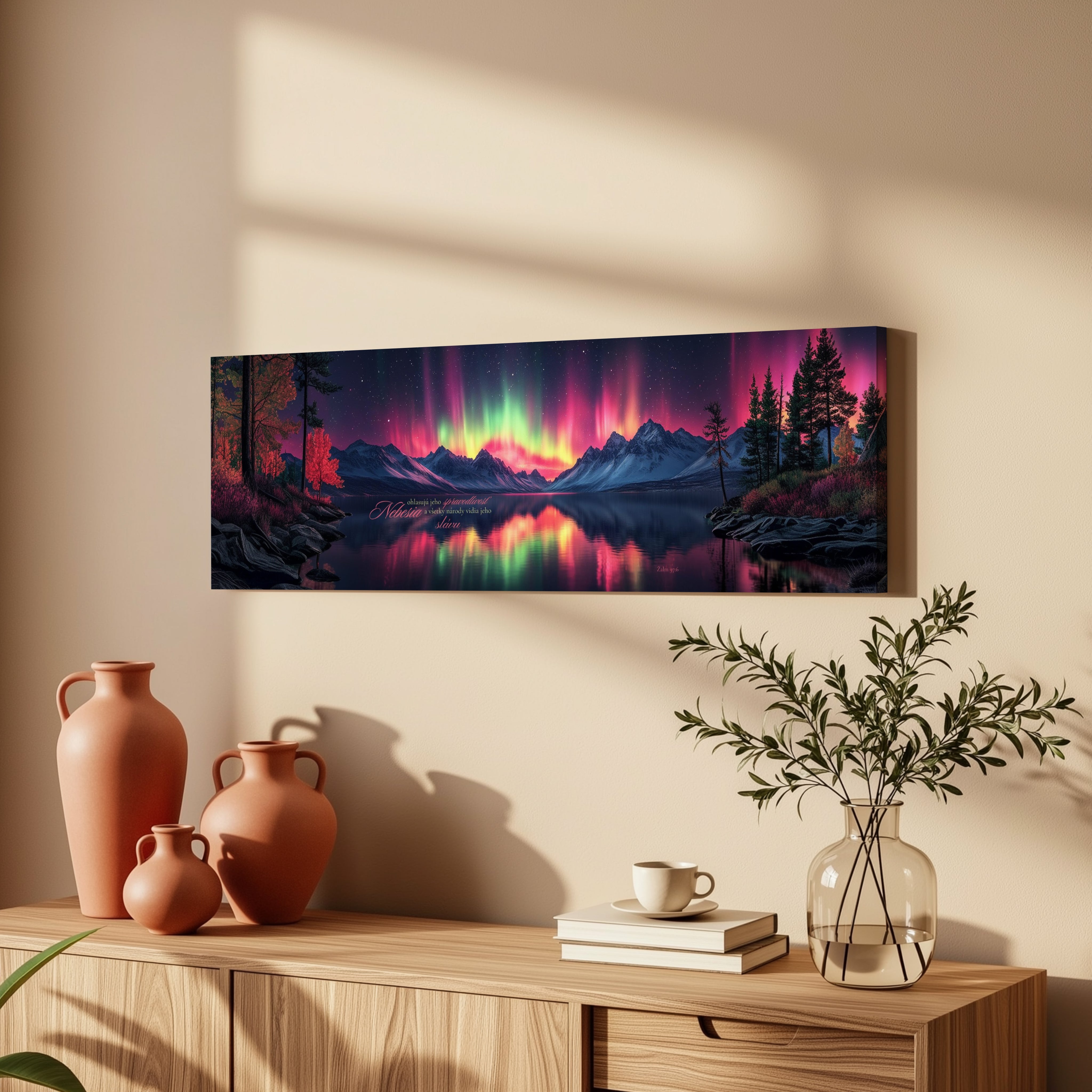 Obraz na stenu z aurorou nad horami a lesmi, odrážajúci sa v jazere, moderný domácí decor