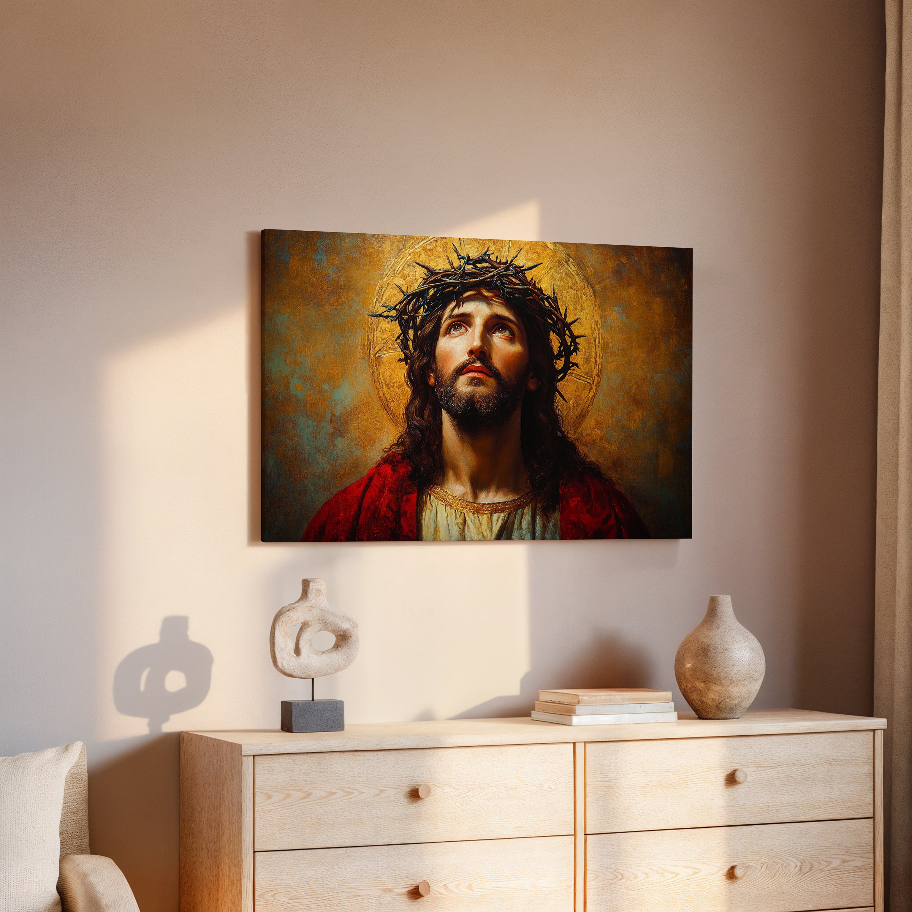 Obraz na stenu - Ježiš Kristus pohľad k Otcovi, tichá modlitba a obeta, tŕňová koruna.