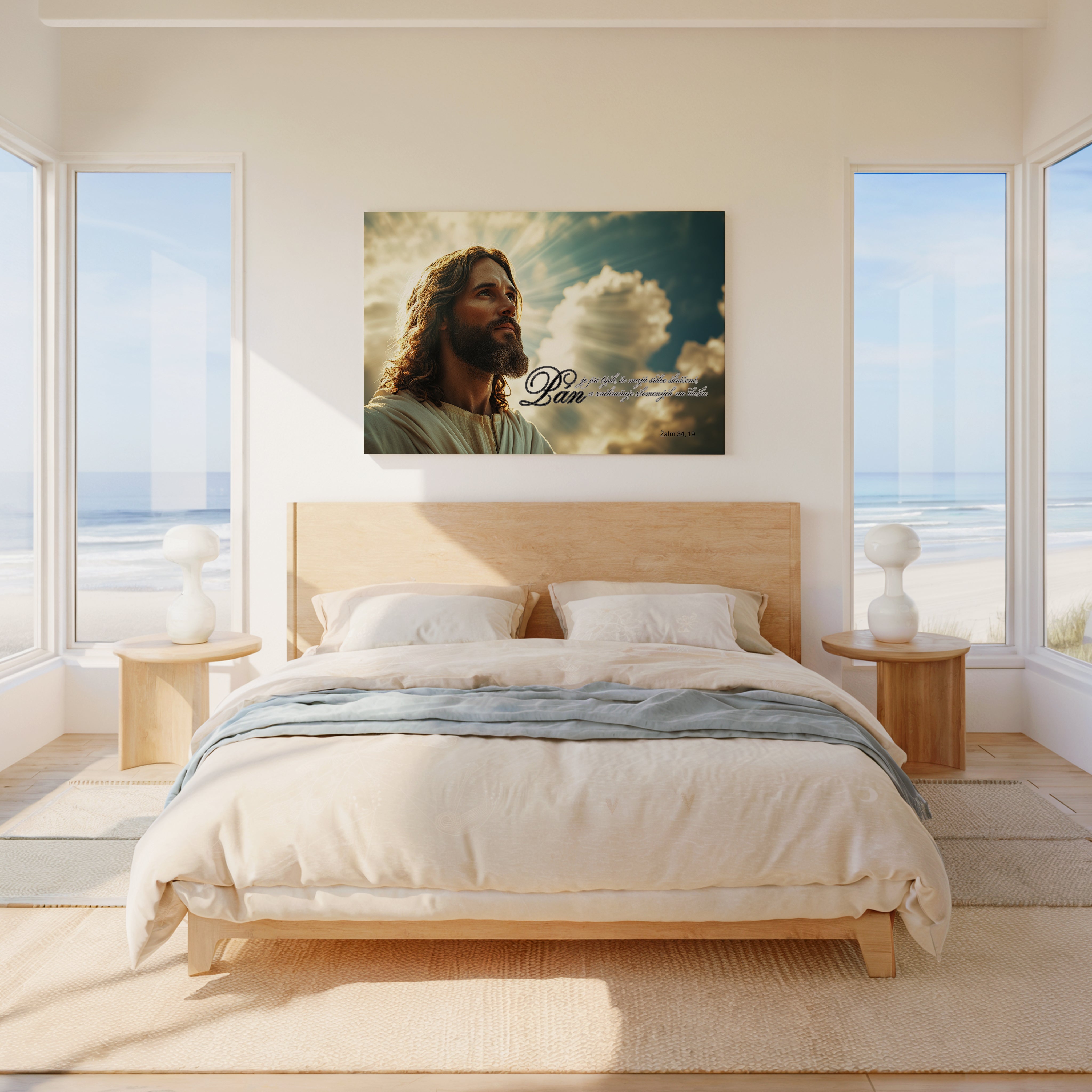Obraz na stenu s biblickým veršom a obrazom Ježiša v moderne zariadenej spálni s výhľadom na more.