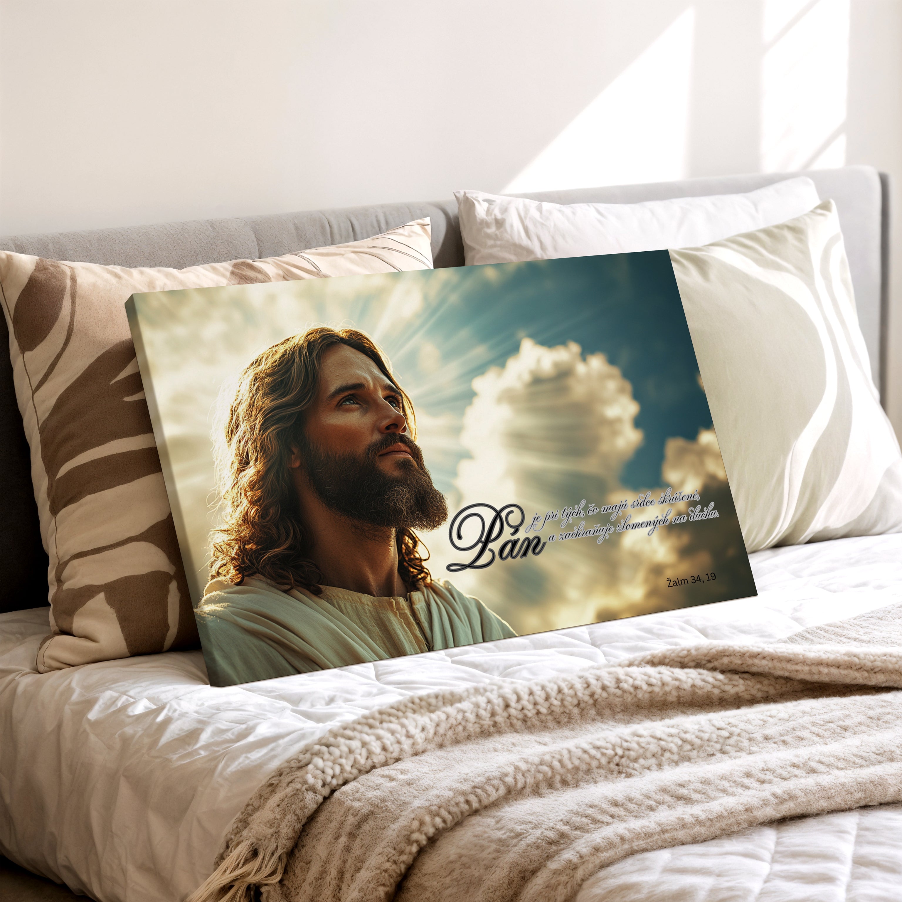 Obraz na stenu s motivom Ježiša a biblickým veršom "Pán je pri tých, čo majú srdce skrúšené".