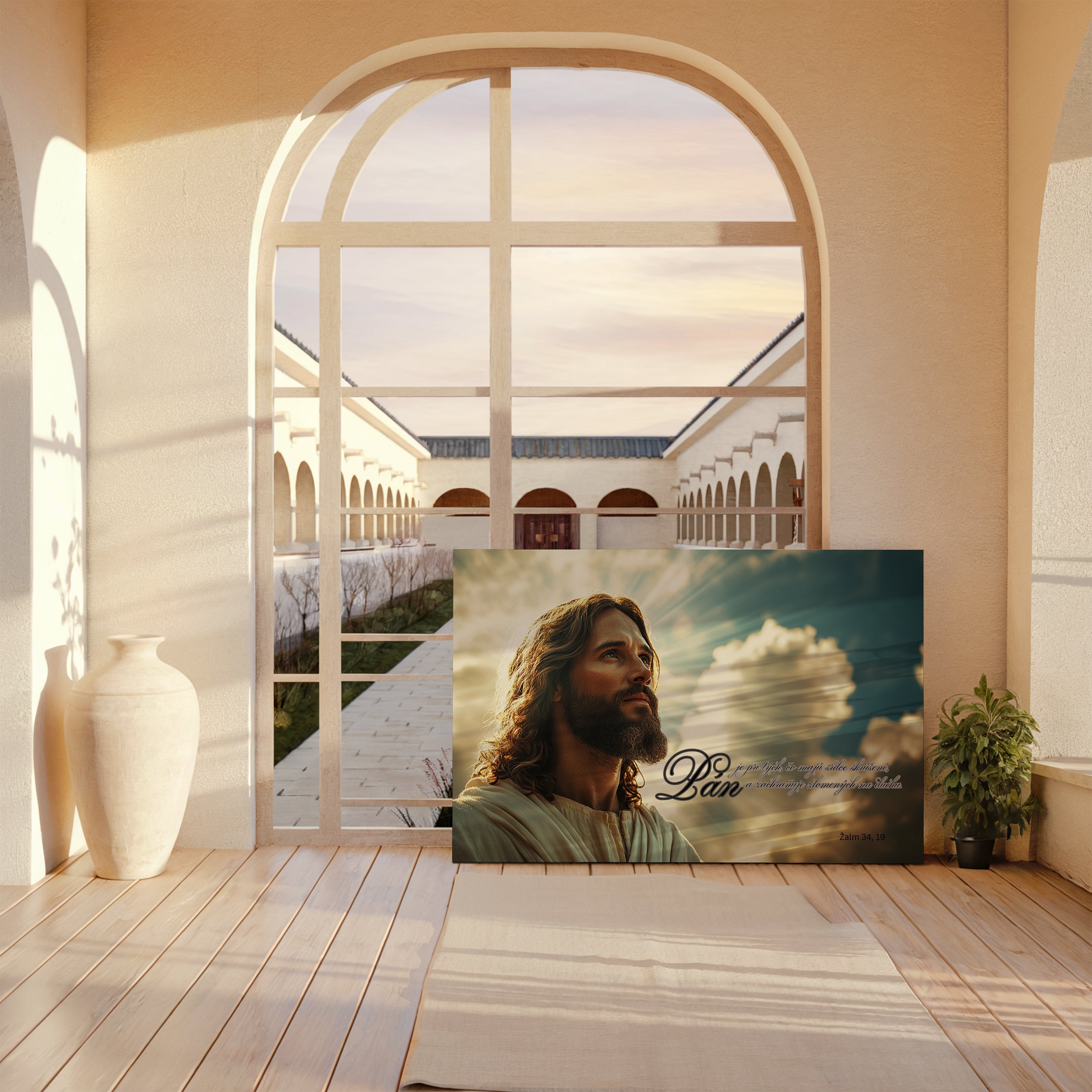 Obraz na stenu - Žalm 34, 19 s obrazom Ježiša v pokojnom interiéri