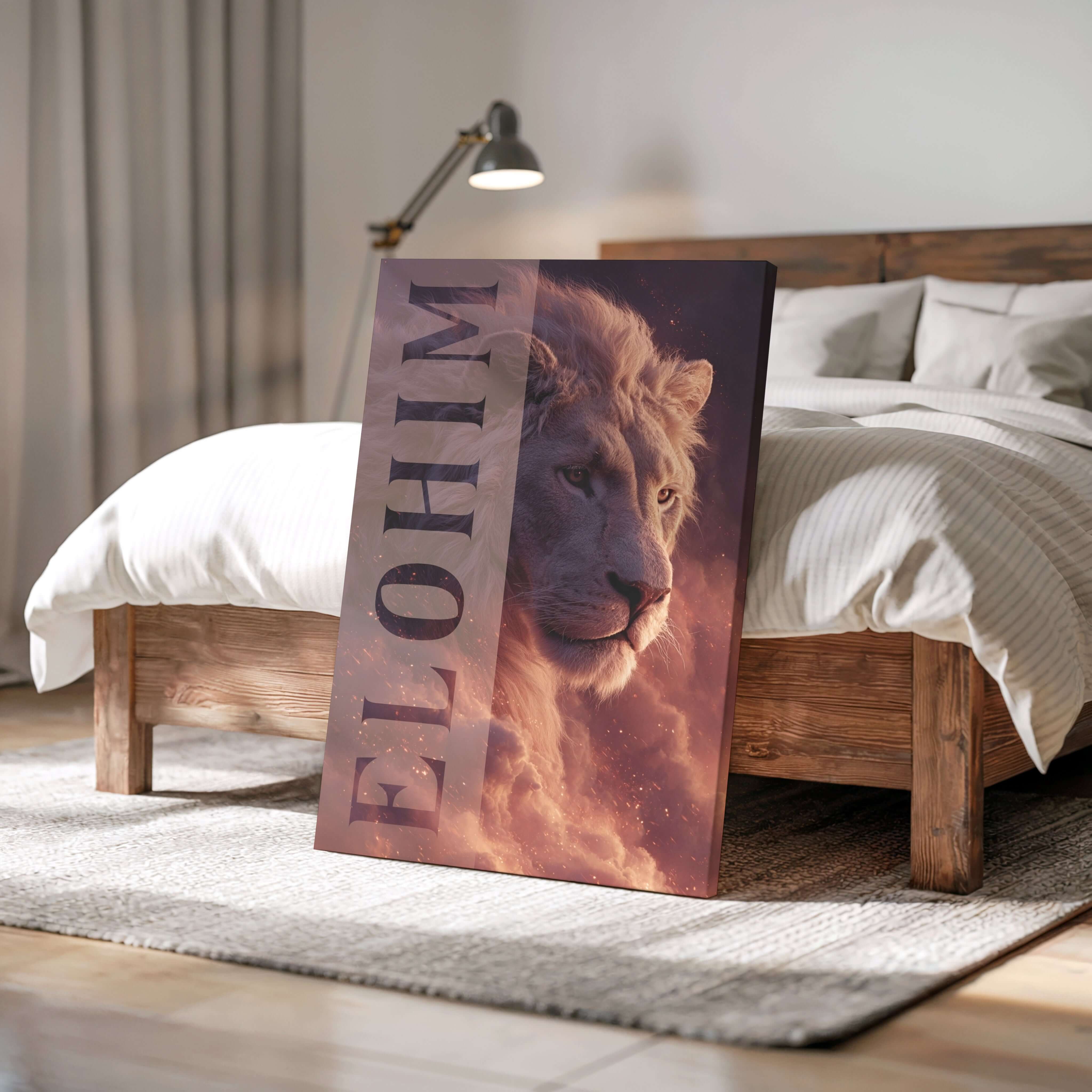 ELOHIM - Boh, Mocný, Najvyšší Sudca; Obraz na stenu s obrazom leva na pozadí.