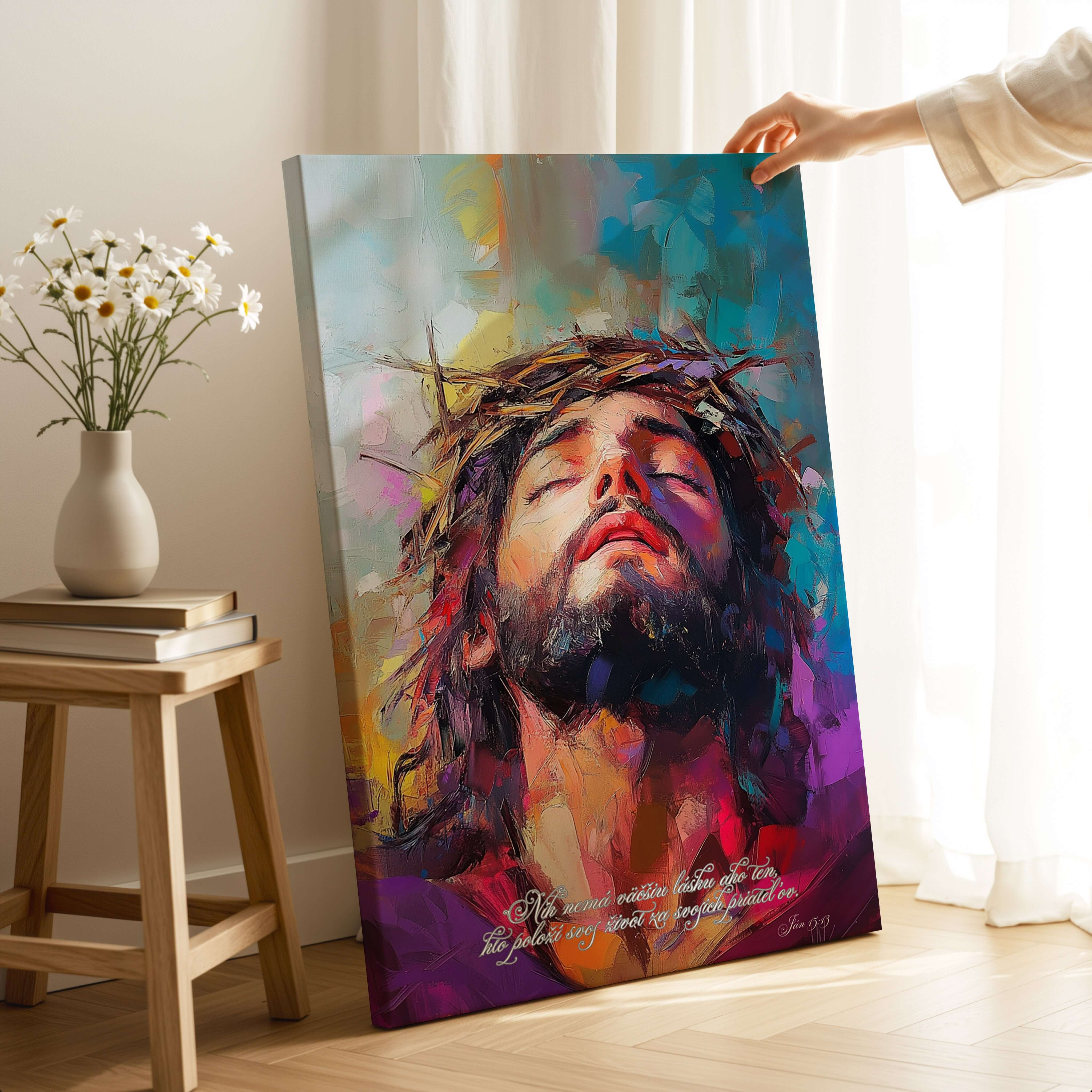 Umelecký obraz Ježiša s veršom „Nik nemá väčšiu lásku ako ten, kto položí svoj život za svojich priateľov“ – Ján 15:13.

