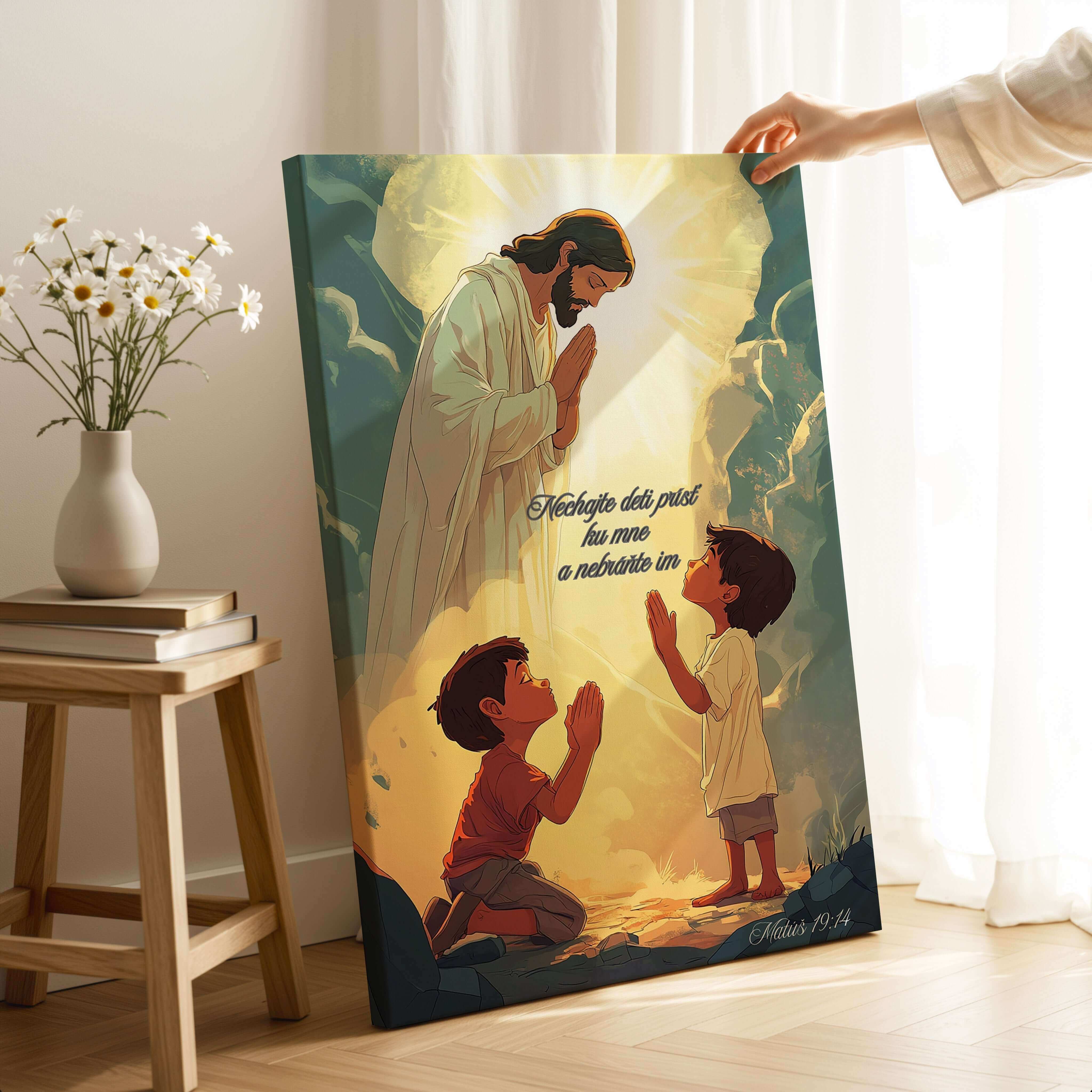 Láskavý obraz na stenu s biblickým posolstvom pre deti


