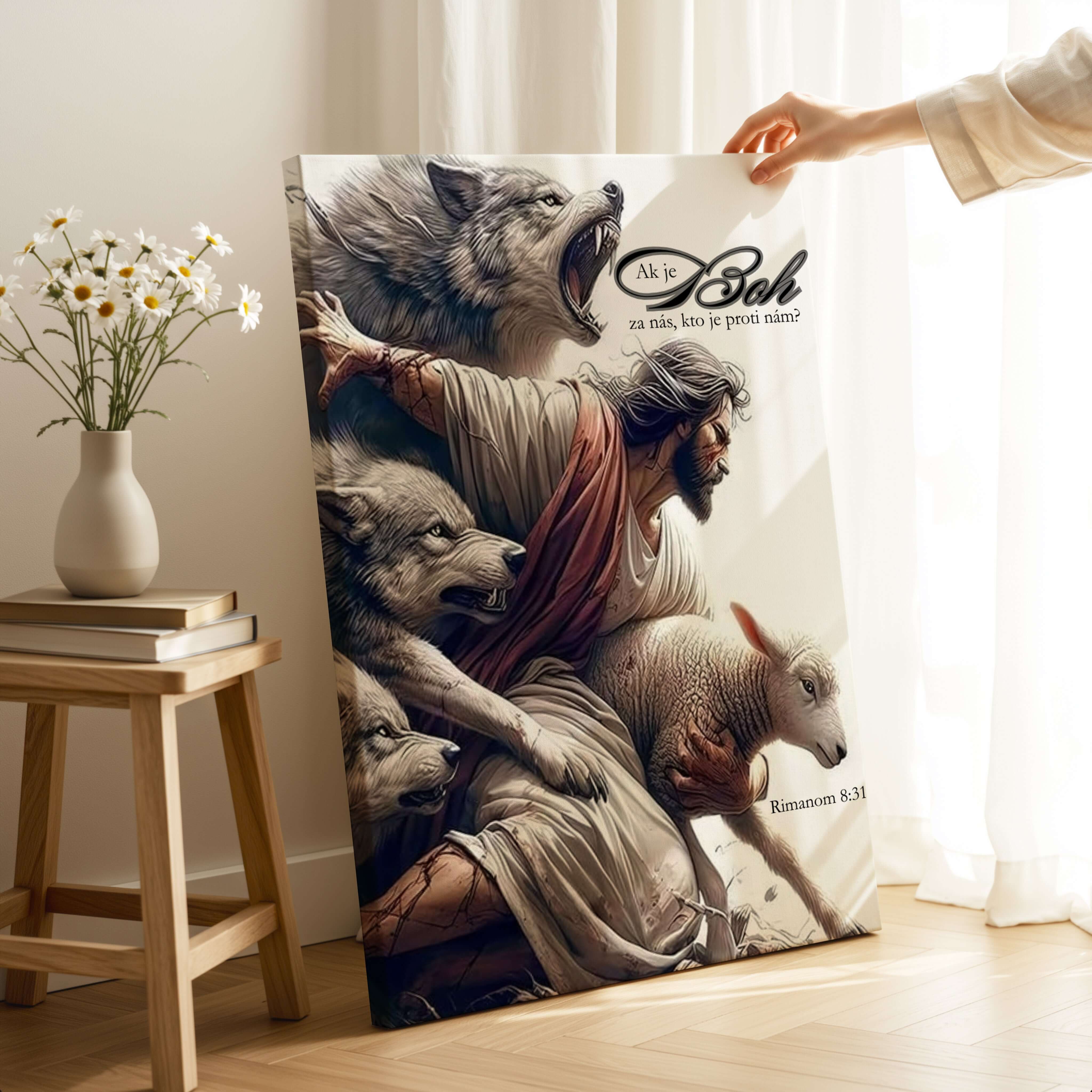 obraz na stenu s biblickým veršom "Ak je Boh za nás, kto je proti nám?" Rimanom 8:31 v dramatickej ilustrácii.