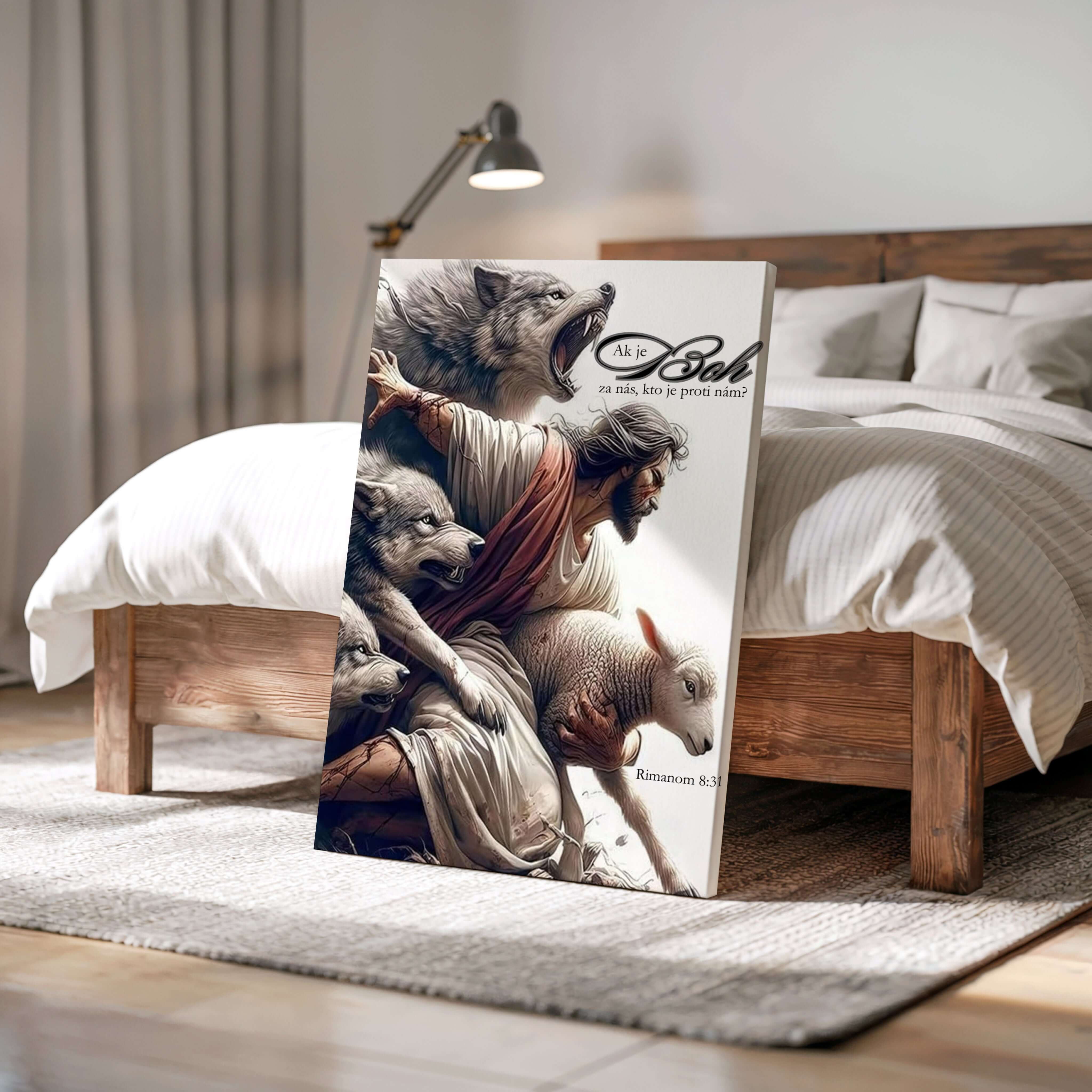 Obraz na stenu s biblickým citátom "Ak je Boh za nás, kto je proti nám?" z Rimanom 8:31 na dekorácii v spálni.