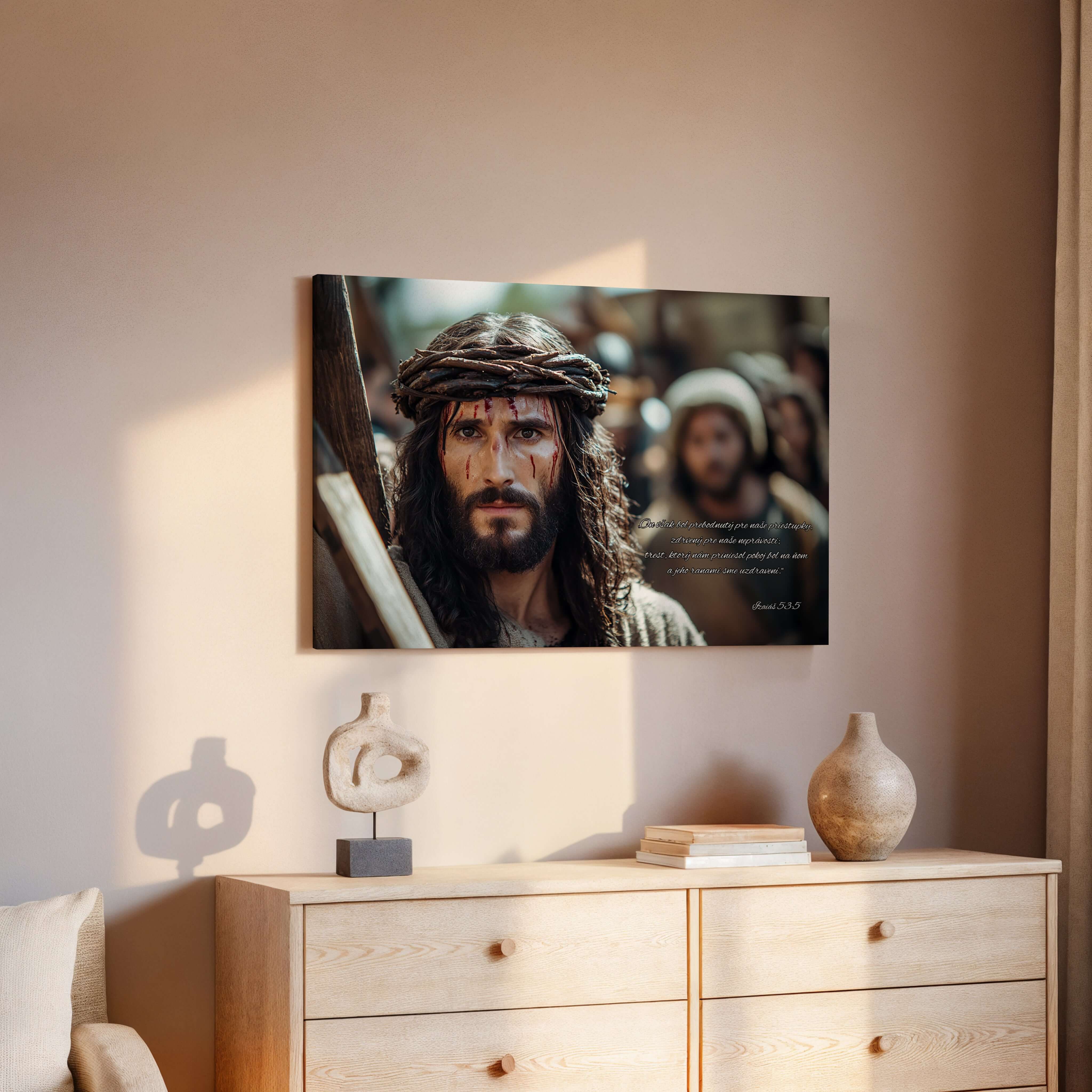 Kresťanský náboženský obraz na stenu s Ježišom Kristom a biblickým veršom Izaiáš 53:5