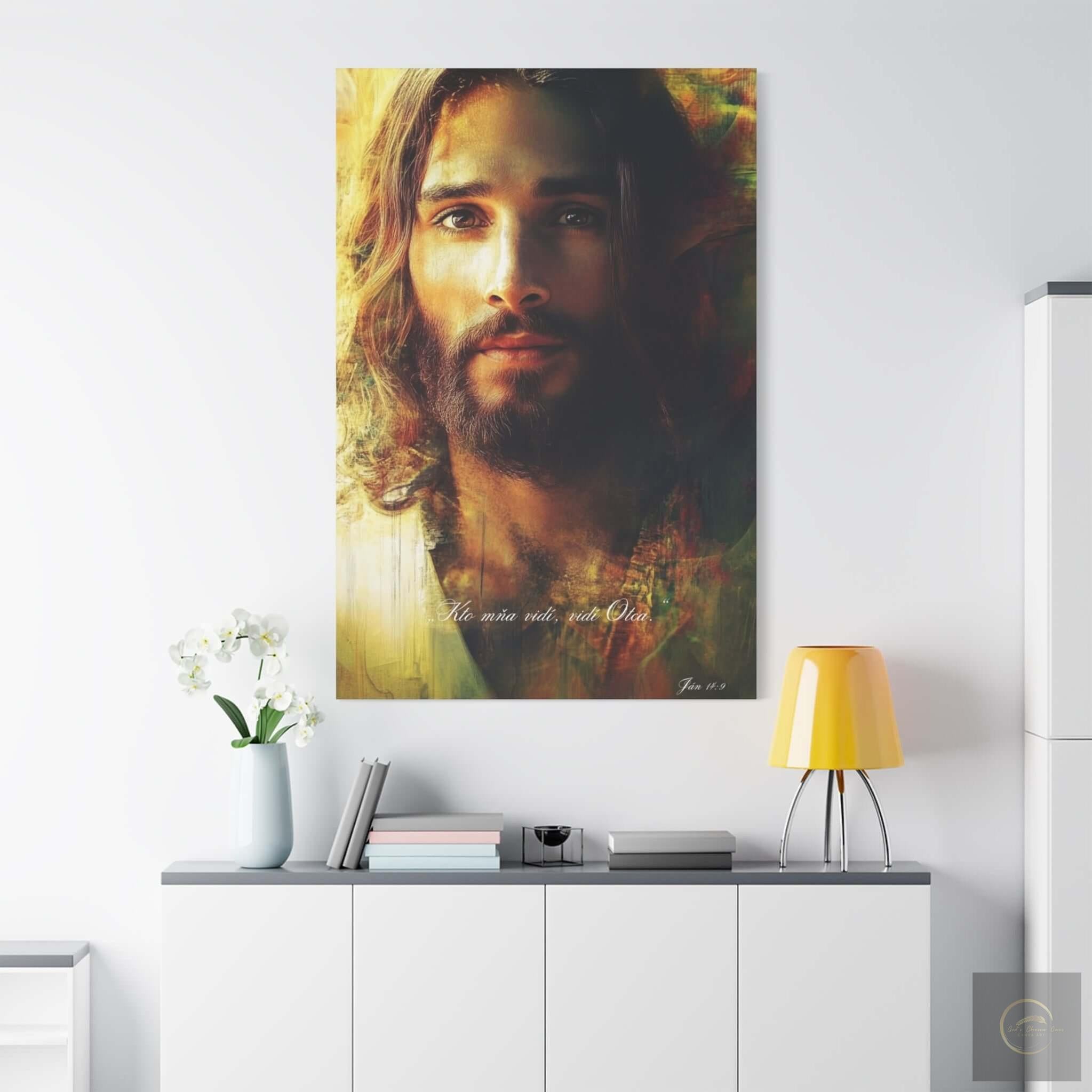 Obraz Ježiša Krista s biblickým citátom – Ján 14:9 – jemná kresťanská dekorácia do svetlého priestoru alebo kúpeľne