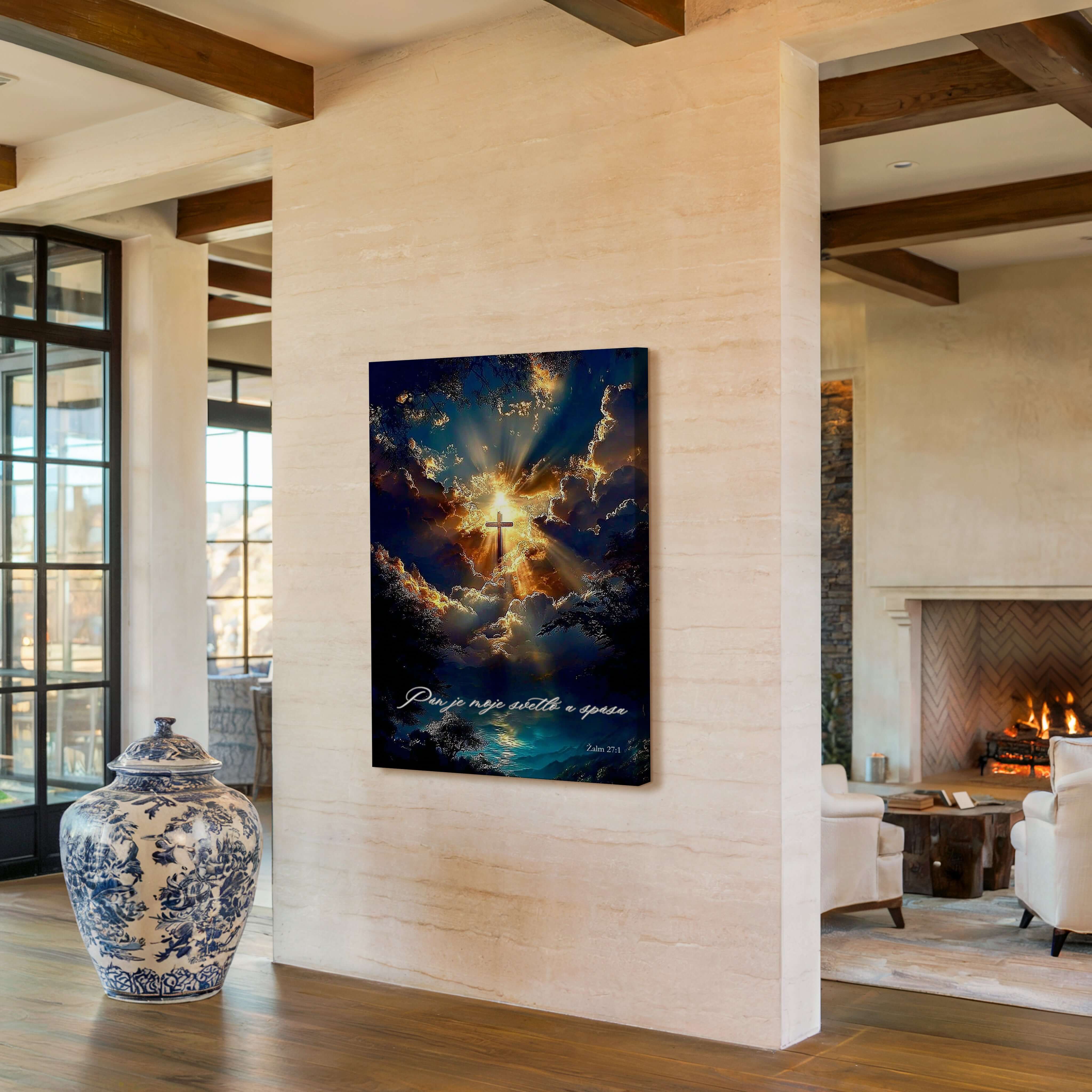 Obraz na stenu in a modern living room featuring Žalm 27:1, "Pán je moje svetlo a spása".