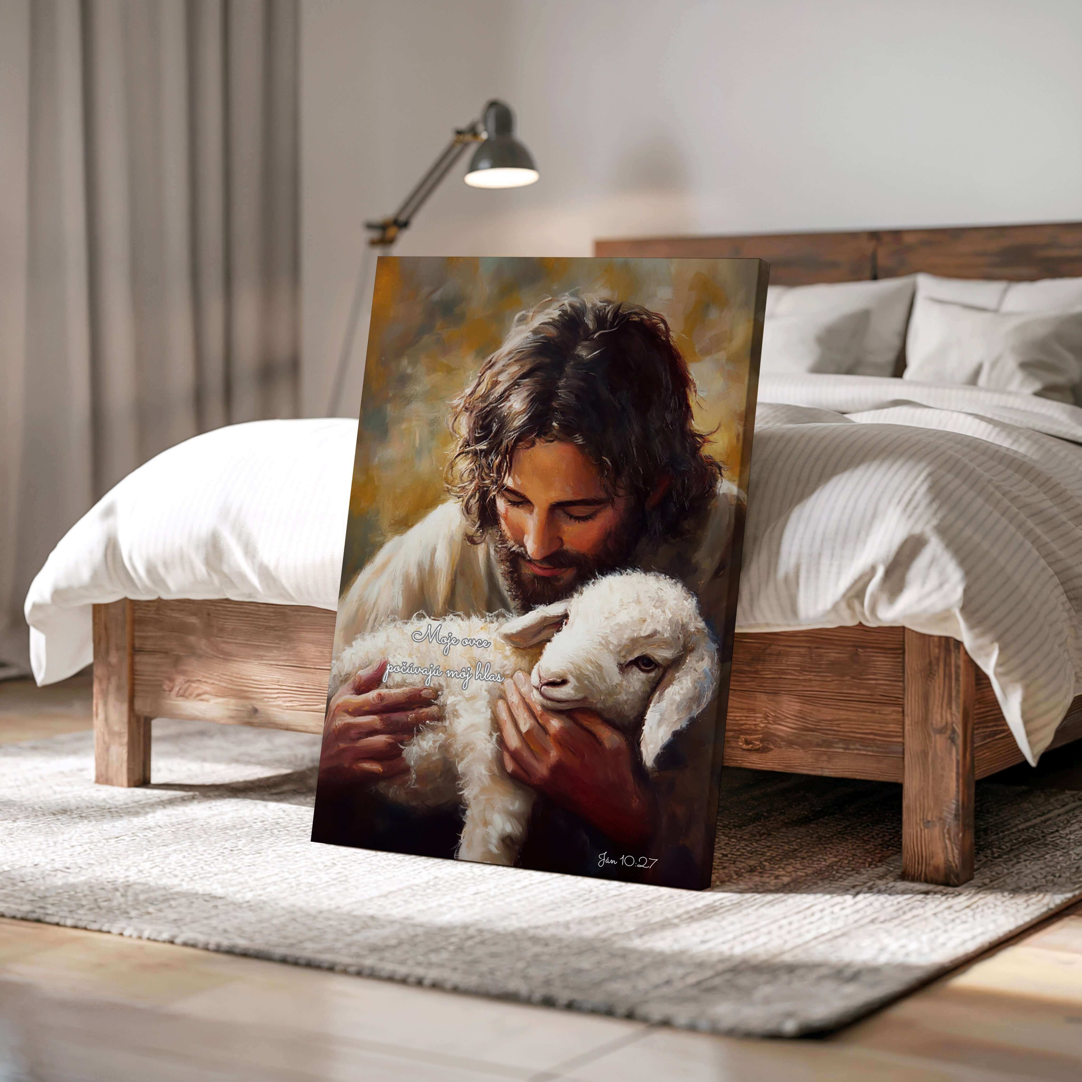 Kresťanský obraz na stenu s Ježišom a veršom Ján 10:27 pri posteli
